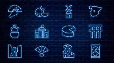 Segovia Windmill Prado Müzesi 'nin su kemeri Sangria atıcısı Flamenko Peynir ve Turuncu Meyve ikonu' nda zeytinleri sıraya dizin. Vektör.