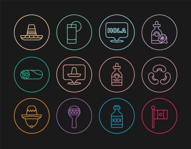 Meksika Beans Hola Meksika sombrero Burrito Tekila şişesi ve limon ikonlu cam. Vektör.