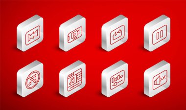 Satır Hoparlörü 'nü sessize al, klibi oynat, tekrar et, müziği durdur düğmesine bas, müziği eşitle, geri sar ve simge yap. Vektör.