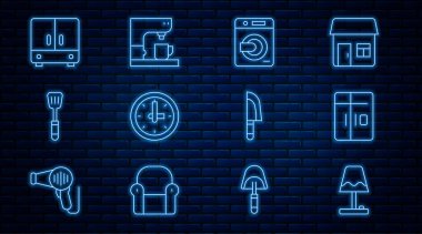 Masa lambası Buzdolabı Yıkama Saati Spatula Gardırop Bıçağı ve Kahve makinesi ikonu. Vektör.