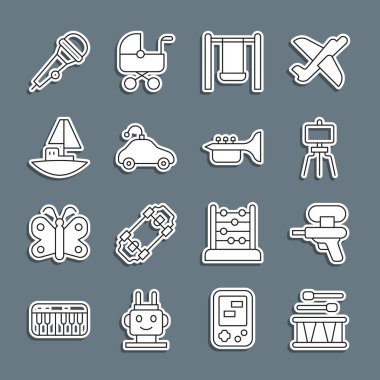 Trampet çubuklarıyla Drum 'ı hazırla Su tabancası ahşap sehpa Swing Radyo oyuncak oyuncak oyuncak mikrofon ve Trompet ikonu. Vektör.