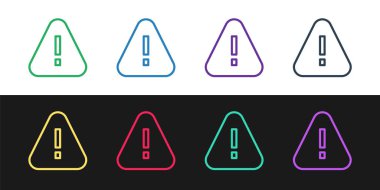 Siyah ve beyaz arkaplanda izole edilmiş üçgen simgesinde çizgi ünlem işaretini ayarla. Tehlike uyarısı, dikkat, dikkat, tehlike uyarısı. Vektör.