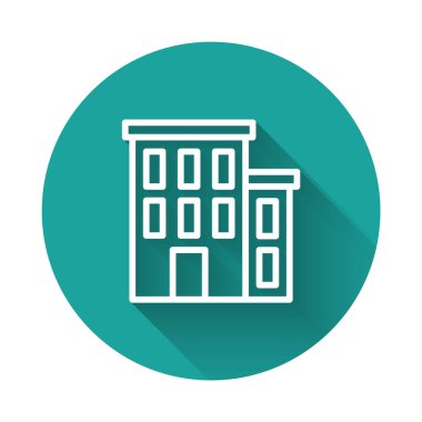 Beyaz çizgi ev ikonu uzun gölgeli izole edilmiş. Ev sembolü. Yeşil daire düğmesi. Vektör.