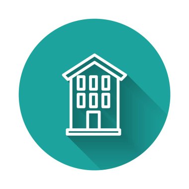 Beyaz çizgi ev ikonu uzun gölgeli izole edilmiş. Ev sembolü. Yeşil daire düğmesi. Vektör.