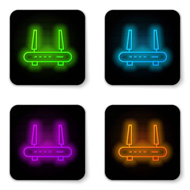 Kara Yönlendirici ve Wi-Fi sinyal simgesi siyah arkaplanda izole edildi. Kablosuz ethernet modem yönlendirici. Bilgisayar teknolojisi interneti. Sıvı şekilli soyut pankart. Vektör.