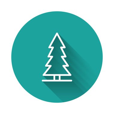 Beyaz çizgi Kanada ladin ikonu uzun gölgeli izole edilmiş. Orman ladini. Yeşil daire düğmesi. Vektör.