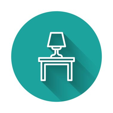 Masa ikonundaki beyaz çizgi masa lambası uzun gölgeli. Yeşil daire düğmesi. Vektör.