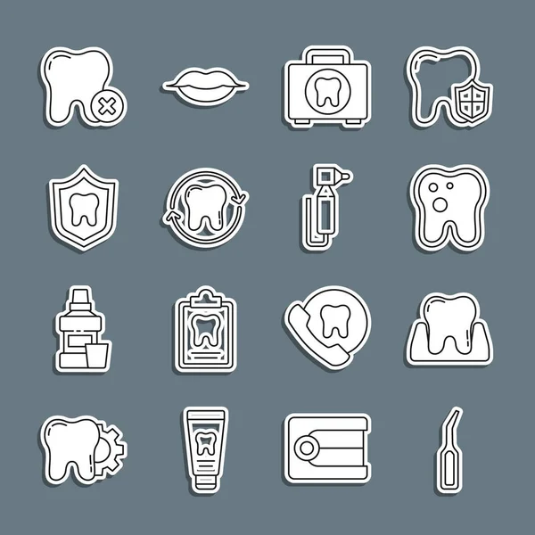 Dişçi kaşifi diş fırçasının dişlerini ilk yardım çantasıyla beyazlatma koruması ve matkap simgesi ile ayarla. Vektör.