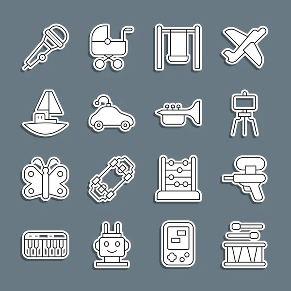 Trampet çubuklarıyla Drum 'ı hazırla Su tabancası ahşap sehpa Swing Radyo oyuncak oyuncak oyuncak mikrofon ve Trompet ikonu. Vektör.