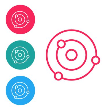 Kırmızı çizgi güneş sistemi simgesi beyaz arkaplanda izole edildi. Gezegenler yıldızın etrafında dönerler. Simgeleri daire düğmelerine ayır. Vektör.