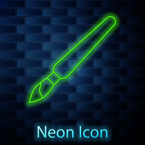 Leuchtende Neon Linie Pinsel Symbol Isoliert Auf Backsteinwand Hintergrund Vektor — Stockvektor