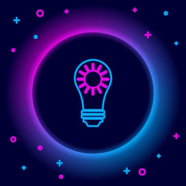 Parlayan neon hattı güneş enerjisi simgesi siyah arkaplanda izole edildi. Güneş ve ampul. Renkli taslak konsepti. Vektör