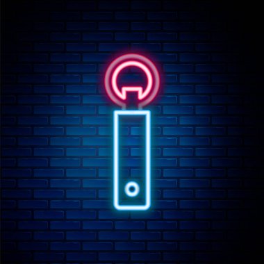 Parlayan neon hattı şişe açacağı simgesi tuğla duvar arka planında izole edildi. Renkli taslak konsepti. Vektör