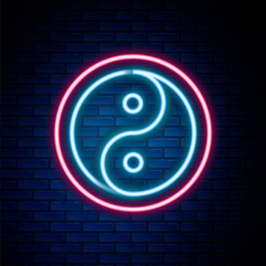 Parlak neon hattı Yin Yang ahenk sembolü ve denge simgesi tuğla duvar arka planında izole edilmiş. Renkli taslak konsepti. Vektör