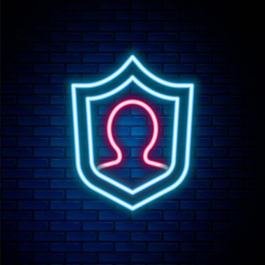 Parlayan neon hattı hayat sigortası. Kalkan simgesi tuğla duvar arkasında izole edilmiş. Güvenlik, güvenlik, koruma, konsept koruma. Renkli taslak konsepti. Vektör