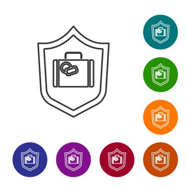 Beyaz zemin üzerinde kalkan simgesi olan siyah çizgi seyahat valizi. Seyahat bagaj sigortası. Güvenlik, güvenlik, koruma, konsept koruma. Simgeleri renk daire düğmelerine ayarla. Vektör..