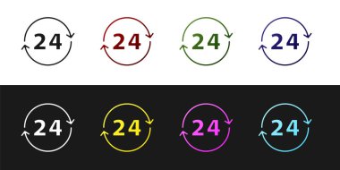 Saat simgesini siyah ve beyaz arkaplanda 24 saat izole et. Tüm gün döngü simgesi. 24 saat hizmet sembolü. Vektör.