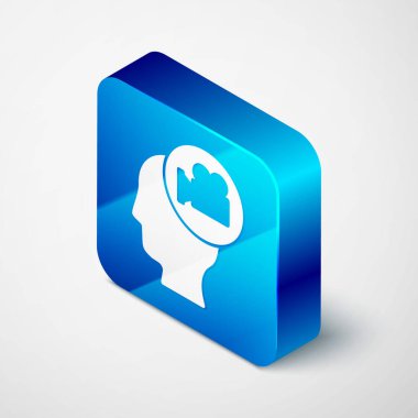 Gri arkaplanda kamera simgesi olan Isometric Head. Video kamera. Film tabelası. Film projektörü. Mavi kare düğme. Vektör.