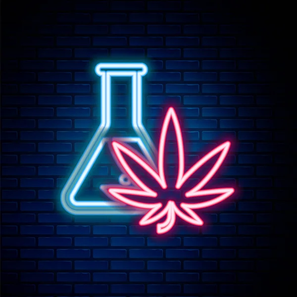 Linea Neon Incandescente Provetta Chimica Con Icona Marijuana Foglie Cannabis — Vettoriale Stock