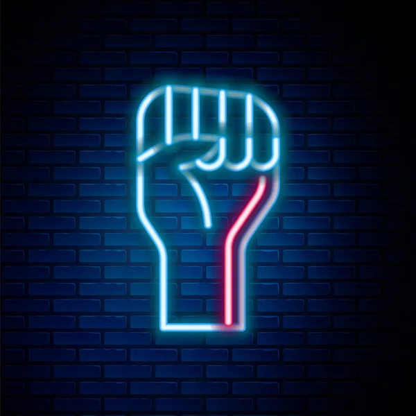 Glowing Neon Line Raised Hand Clenched Fist Icon Isolated Brick - Stok Vektor