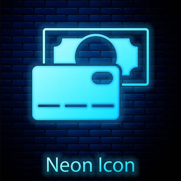 Brilhante Neon Ícone Cartão Crédito Isolado Fundo Parede Tijolo Pagamento — Vetor de Stock