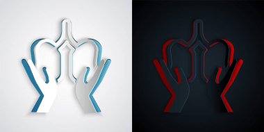 Kağıt kesiği, gri ve siyah arkaplanda izole edilmiş akciğerler simgesi. Kağıt sanatı tarzı. Vektör