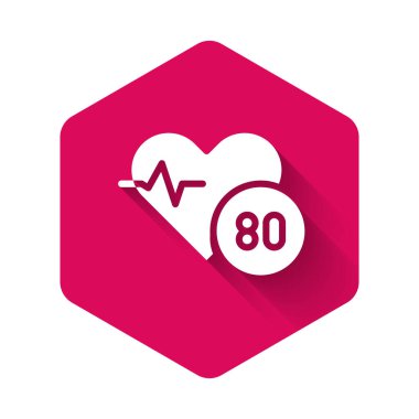 Beyaz Kalp ritmi simgesi uzun gölge arkaplanı ile izole edildi. Kalp atışı işareti. Kalp atışı ikonu. Kardiyogram simgesi. Pembe altıgen düğmesi. Vektör