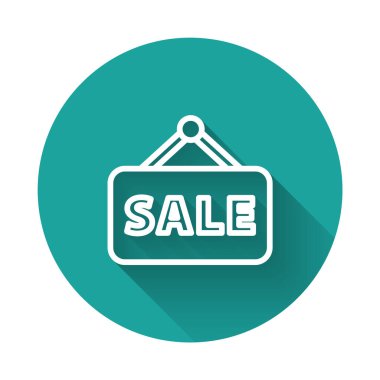 Beyaz çizgili uzun gölgeli metin satışı simgesi. Mesaj indirimli tabela. Yeşil daire düğmesi. Vektör İllüstrasyonu.