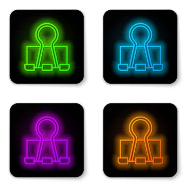 Parlayan neon hattı Binder klipsi simgesi beyaz arkaplanda izole edildi. Ataç. Siyah kare düğme. Vektör.