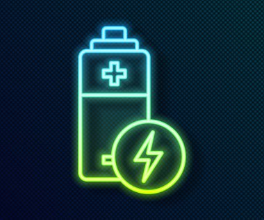 Parlayan neon çizgisi Batarya simgesi siyah arkaplanda izole edildi. Şimşek sembolü. Vektör