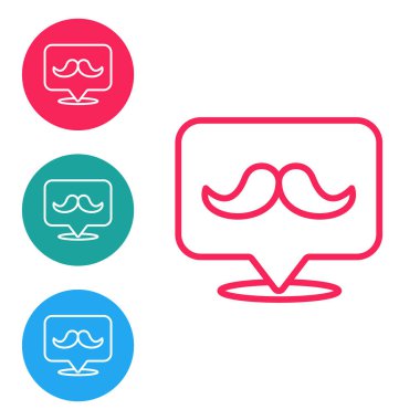 Kırmızı çizgi Bıyık simgesi beyaz arkaplanda izole edildi. Berber dükkanı sembolü. Yüz kılı stili. Simgeleri daire düğmelerine ayır. Vektör