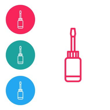 Kırmızı çizgi tornavida simgesi beyaz arkaplanda izole edildi. Servis aracı sembolü. Simgeleri daire düğmelerine ayır. Vektör