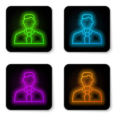 Parlayan neon hattı İşçi simgesi beyaz arkaplanda izole edildi. İş simgesi kullanıcı profili simgesi simgesi. Erkek kullanıcı işareti. Siyah kare düğme. Vektör