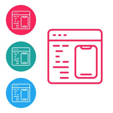 Kırmızı çizgi Yazılım, Web Geliştirici programlama kodu simgesi beyaz arkaplanda izole edildi. Program kodunun rastgele bilgisayar betiği parçalarını Javascript et. Simgeleri daire düğmelerine ayır. Vektör