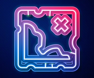 Parlayan neon hattı Korsan hazine haritası simgesi mavi arkaplanda izole edildi. Vektör