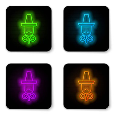 Parlayan neon hattı Beyaz arka planda izole edilmiş geleneksel Kore şapka simgesi. Siyah kare düğme. Vektör
