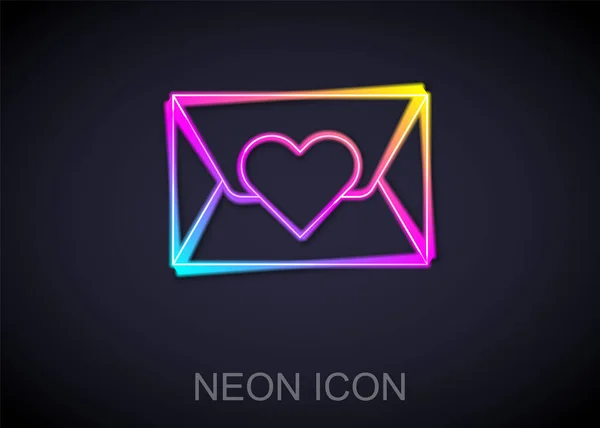 Glödande Neon Linje Kuvert Med Valentine Hjärta Ikon Isolerad Svart — Stock vektor