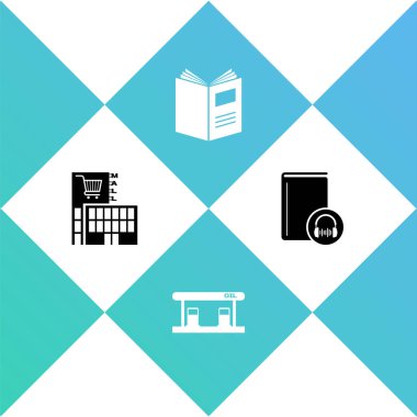 Alışveriş merkezi ya da süpermarket binası, benzin dolum istasyonu, Açık Kitap ve Ses simgesi. Vektör.