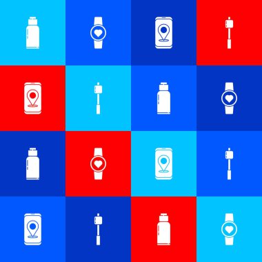 Kantin su şişesini ayarla, kalp atış hızı gösteren akıllı saat, şehir haritası navigasyonu ve lokum çubuğu ikonu. Vektör.