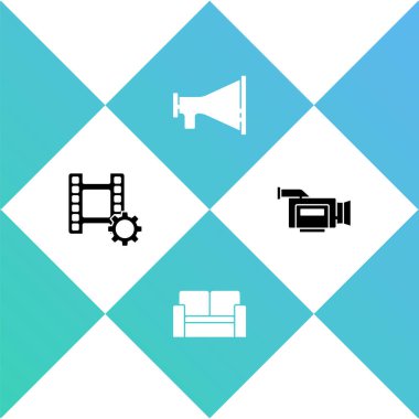 Play Video, sinema koltuğu, megafon ve kamera simgesini ayarla. Vektör.