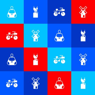 Çanta, kadın elbisesi, bisiklet ve yel değirmeni ikonu. Vektör.