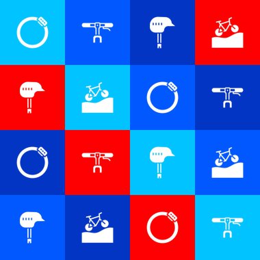 Bisiklet fren diski, gidon, miğfer ve dağ bisikleti simgesini ayarla. Vektör.