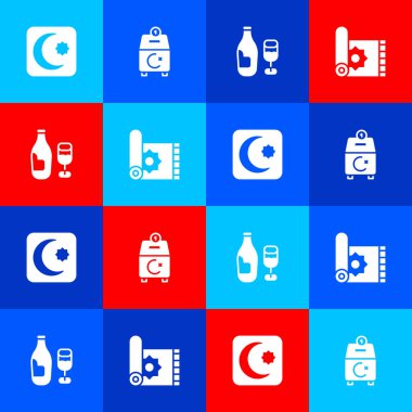 Yıldız ve hilal seti, bağış ya da sadaka, cam ve geleneksel halı ikonu ile şarap şişesi. Vektör