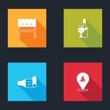 Barbekü bardağı, şampanya şişesi, doğum günü partisi kornası ve pizza ikonu hazırla. Vektör