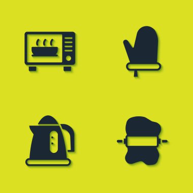 Mikrodalga fırını, hamurun üzerinde merdane, elektrikli su ısıtıcısı ve fırın eldiveni ikonu. Vektör