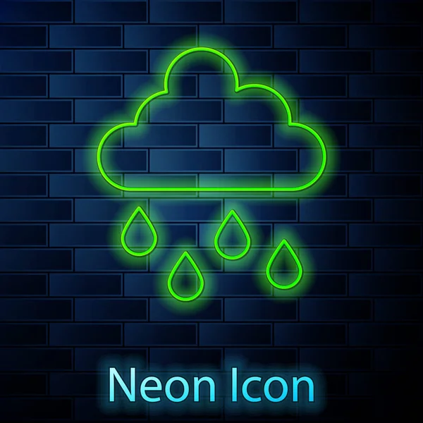 Linea Neon Luminosa Nuvola Con Icona Pioggia Isolata Sfondo Muro — Vettoriale Stock