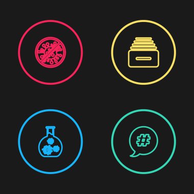 Satır Test Tüpü 'nü virüs, etiket konuşma balonu, çekmece belgeleri ve bakteri simgesini durdur. Vektör.