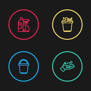 Kovayı kurun, sabunla el yıkayın, köpük ve şişe temizleme ikonu için. Vektör.