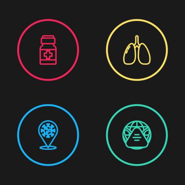 Corona virüsü 2019-nCoV 'u, tıbbi maskeli Dünya' yı, akciğerleri ve ilaç ikonunu hatta alın. Vektör