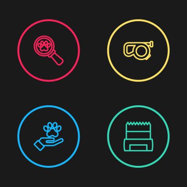 Set line Hands with animals footprint, Dog shit bag, Retractable cord leash and Veterinary clinic icon. Vector